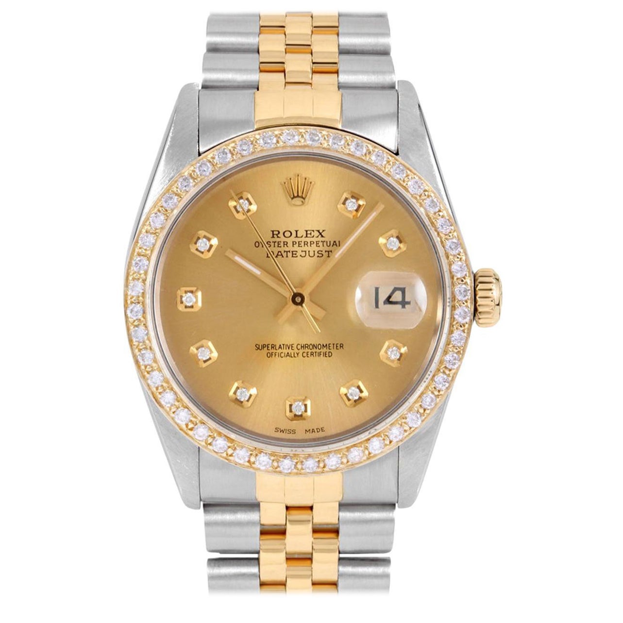 Montre Rolex TT Datejust champagne pour homme avec cadran et lunette en diamants, réf. no 16013