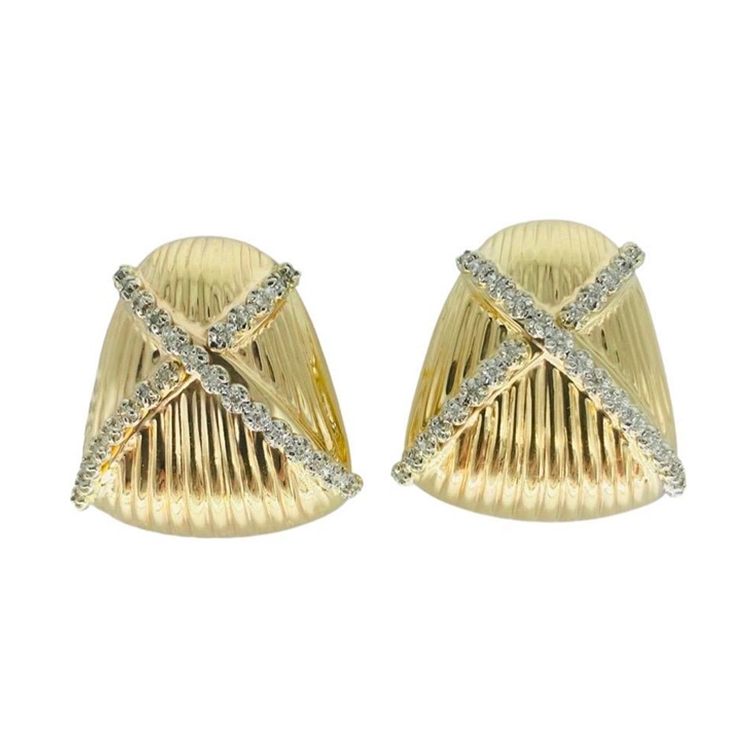 Vintage Large Designer 1.00 Carat Diamonds X Omega Clip Back Earrings 14k Gold For Sale