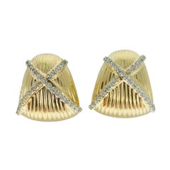 Retro Large Designer 1.00 Carat Diamonds X Omega Clip Back Earrings 14k Gold