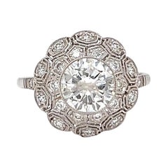 Art Deco Inspired 1.32 Carat Round Cut Diamond Platinum Filigree Engagement Ring