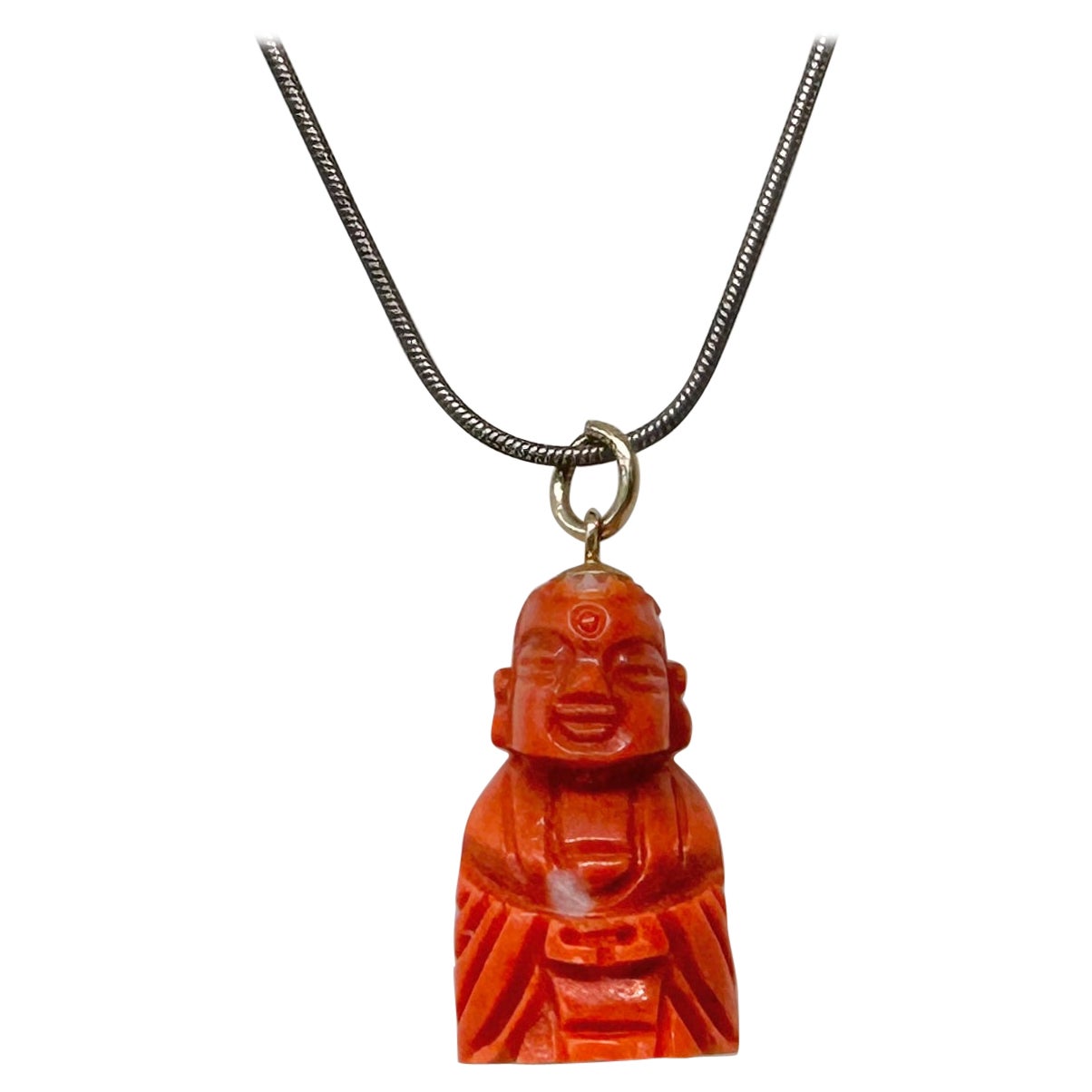 Collier pendentif Bouddha Art déco ancien en corail et or 14 carats avec breloque Momo Coral