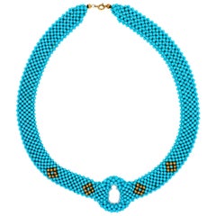 Teal Blue Turquoise Round Fancy Beads Unique Choker 14K Gold Statement Necklace