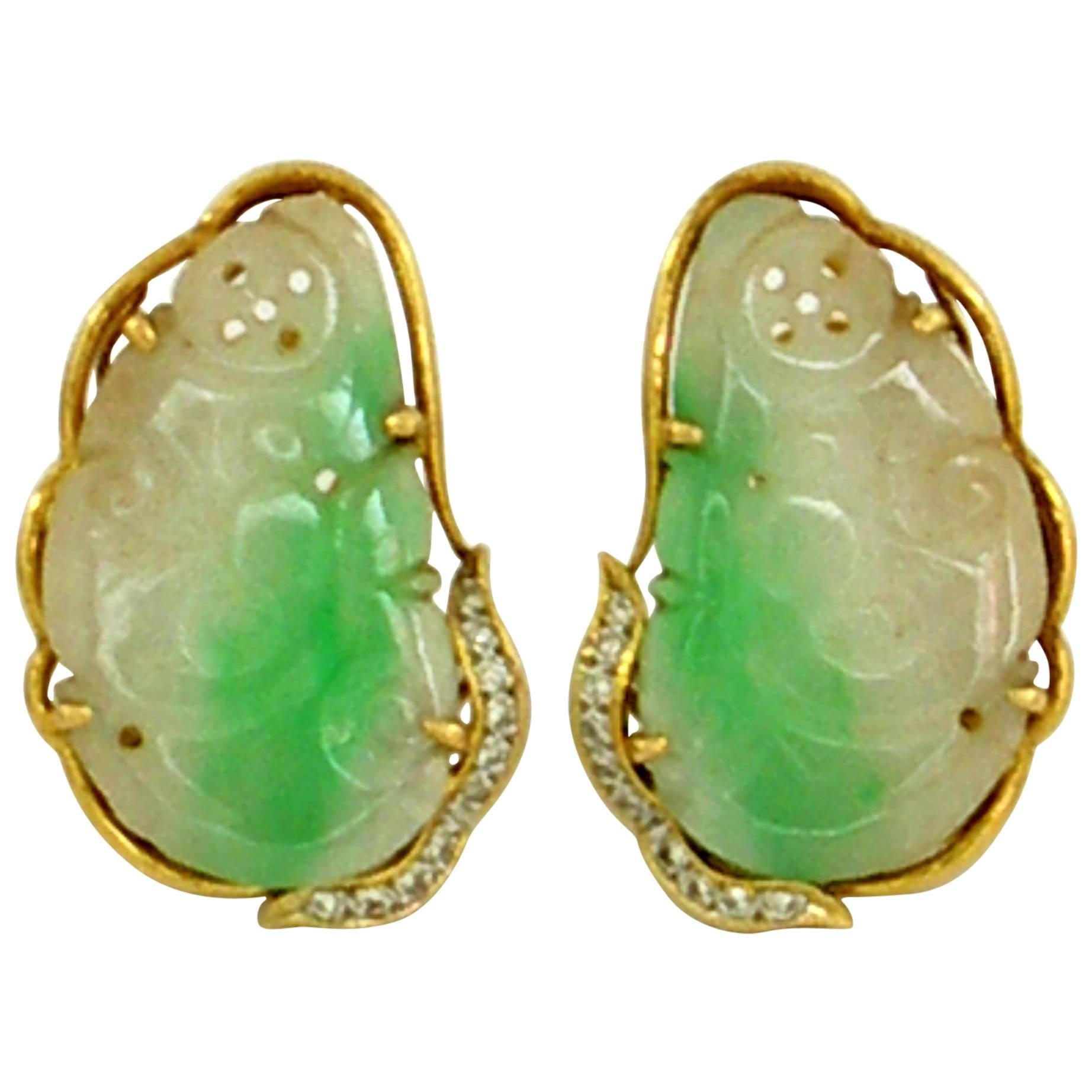 Carved Jade Diamond Gold Earrings