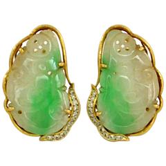 Carved Jade Diamond Gold Earrings