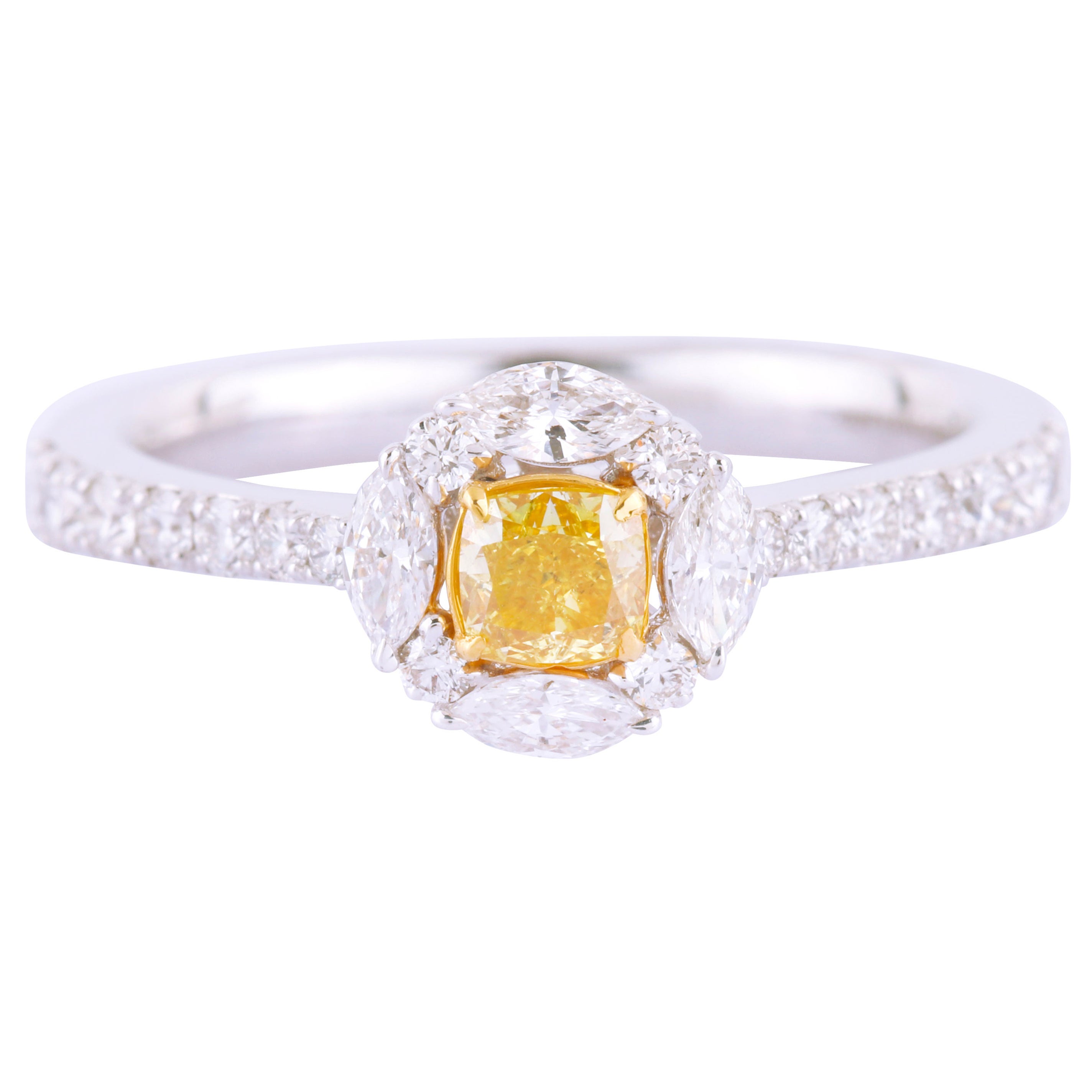Bague solitaire en or 18 carats avec diamants jaunes et blancs de couleur fantaisie