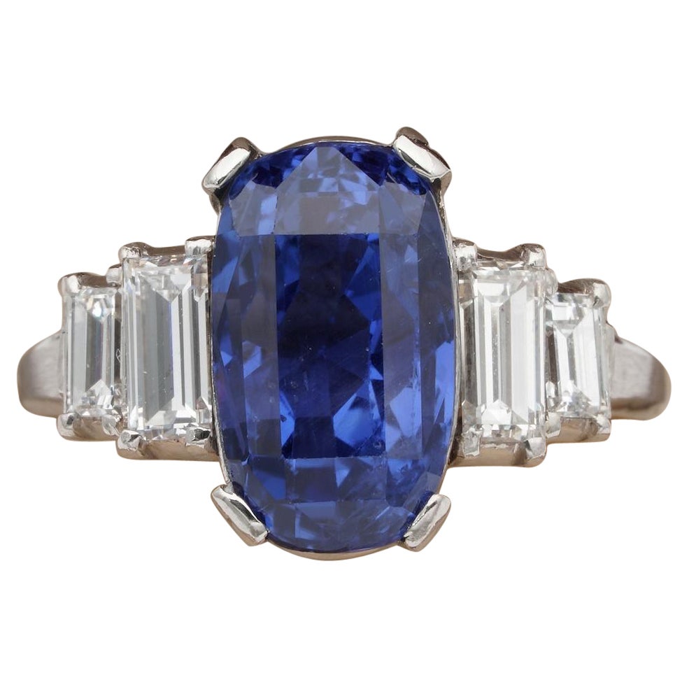 Art Deco Certified 7.14 Ct No Heat Sapphire Diamond Platinum Ring For Sale