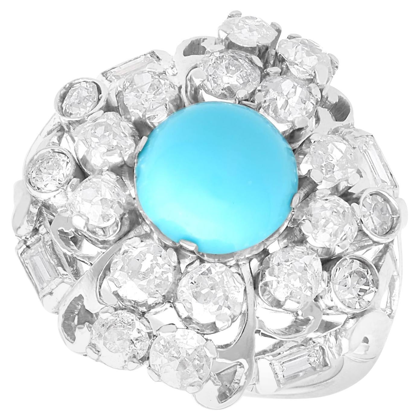 1920s Antique 1.20 Carat Turquoise 2.22 Carat Diamond and 18k White Gold Ring For Sale