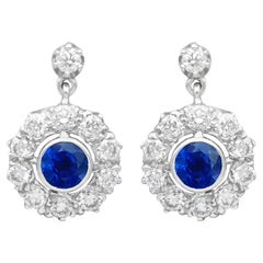 Antique 1 Carat Sapphire and 1.98 Carat Diamond 18k Yellow Gold Drop Earrings