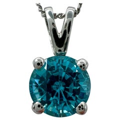 Vivid Neon Blue Zircon 2.81 Carat Round Cut Platinum Pendant Necklace 7.5mm