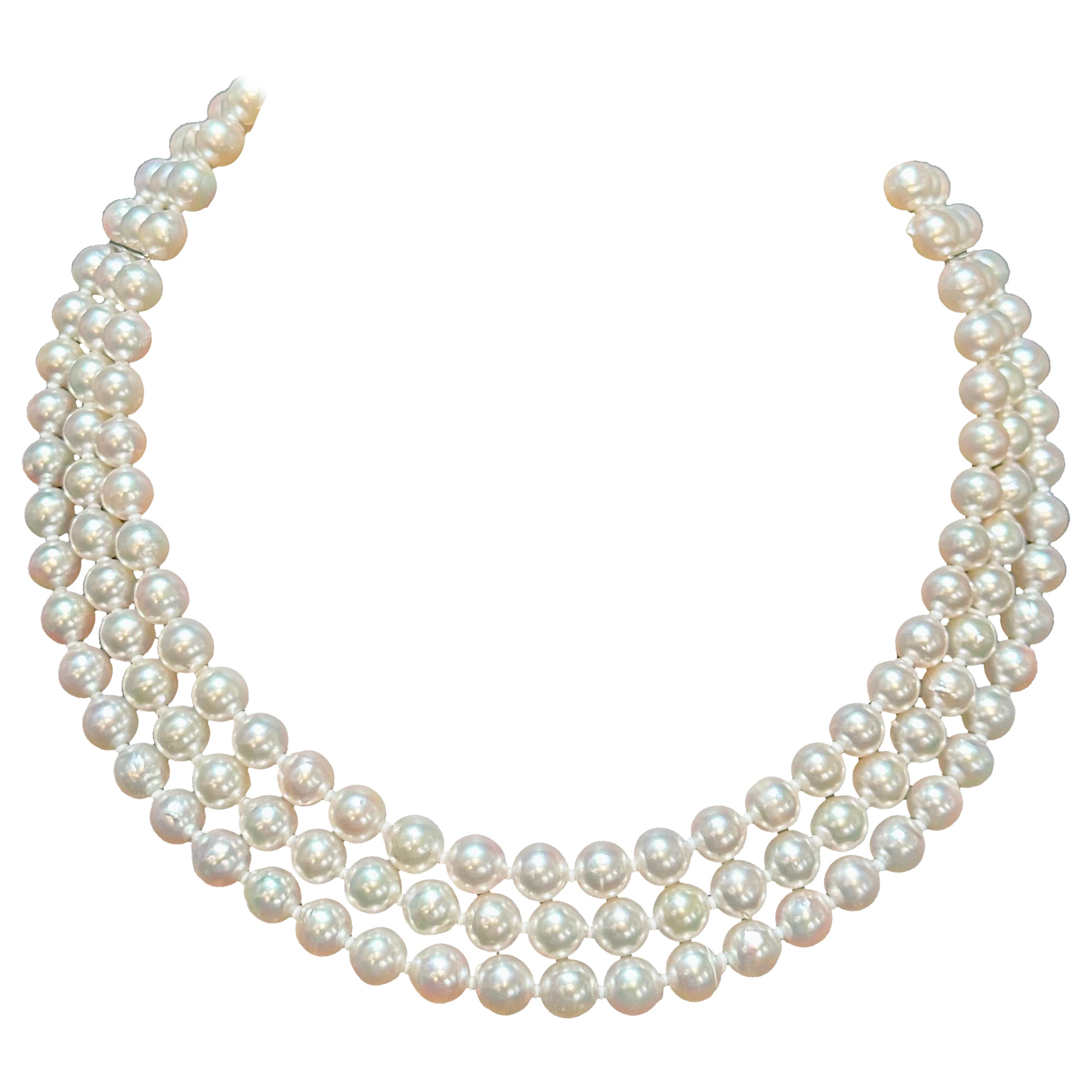 8mm  Akoya Japanies Pearl Triple Strand choker Necklace, Sterling Silver Clasp