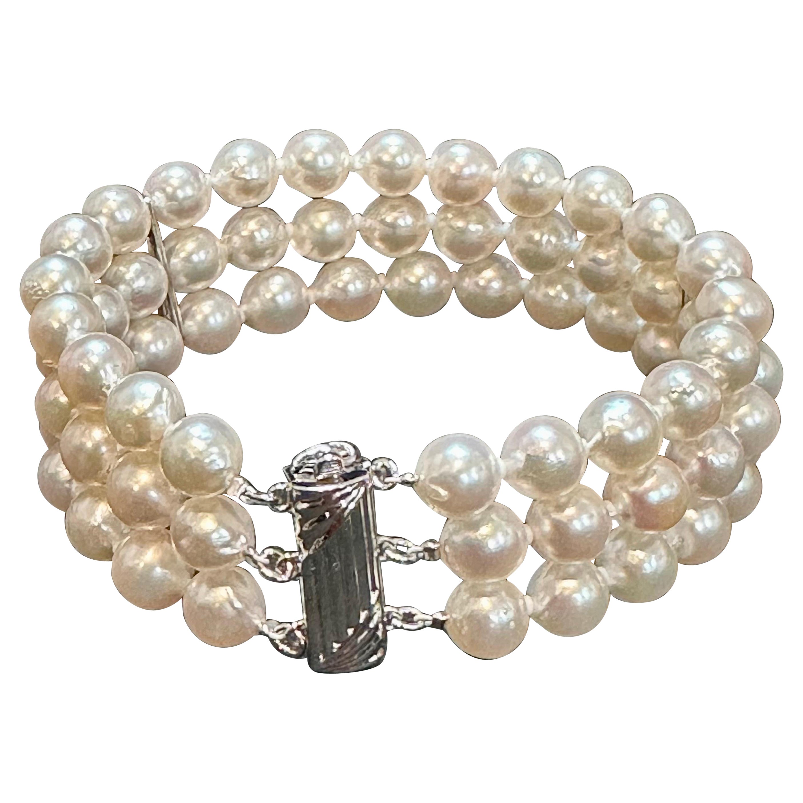 8mm  Bracciale a tre fili di perle Akoya Japanies, chiusura in argento, 8 pollici
