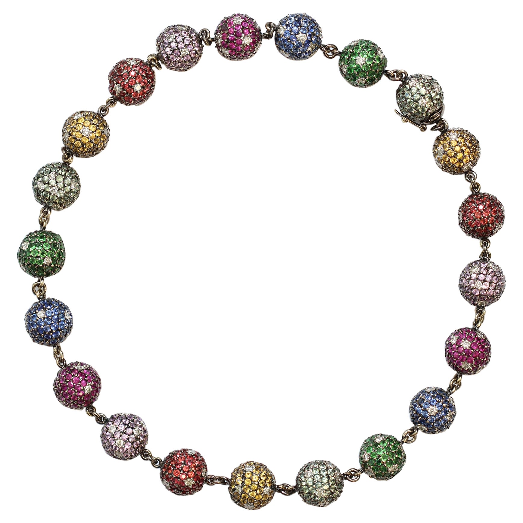 Multi-color Stone and Diamond Pave Bead necklace in 18k For Sale