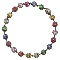 Multi-color Stone and Diamond Pave Bead necklace in 18k