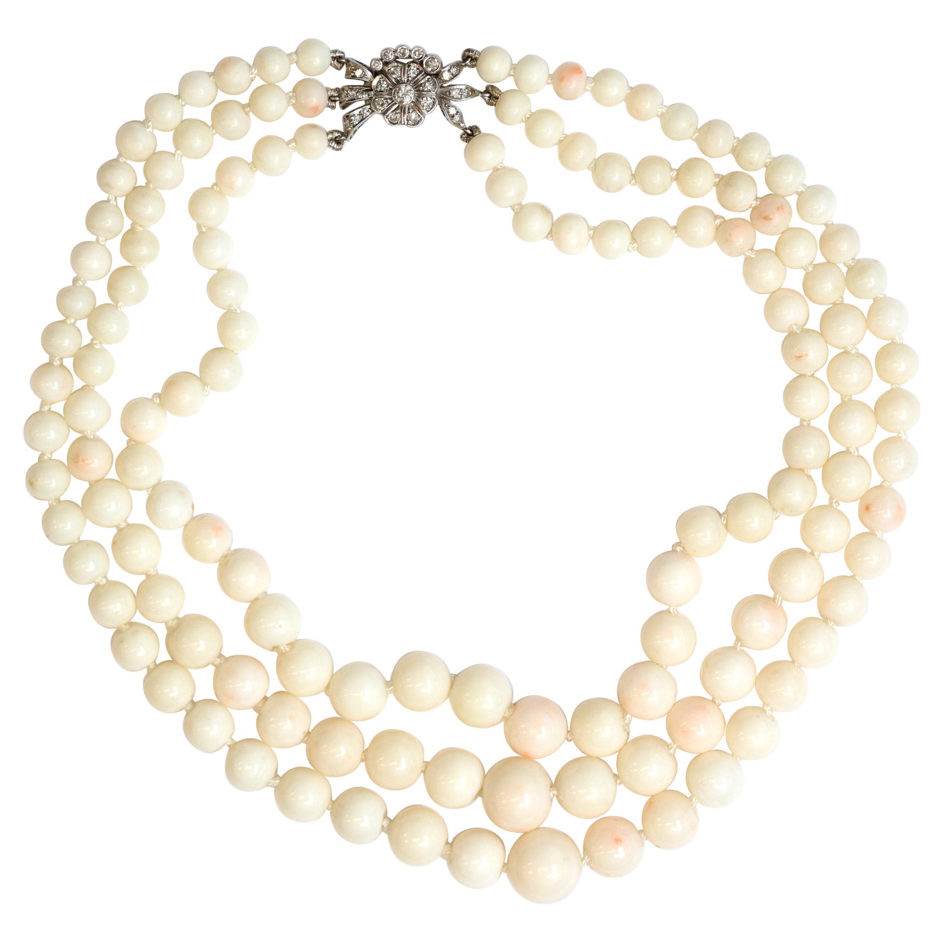 Vintage Triple Strand of White Coral Necklace with Platinum Diamond Clasp For Sale