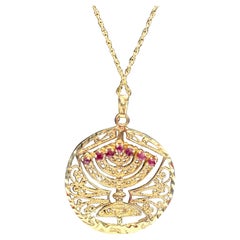 Gold Shabbat Menorah Ruby Reversible to Turquoise Pendant Necklace with chain