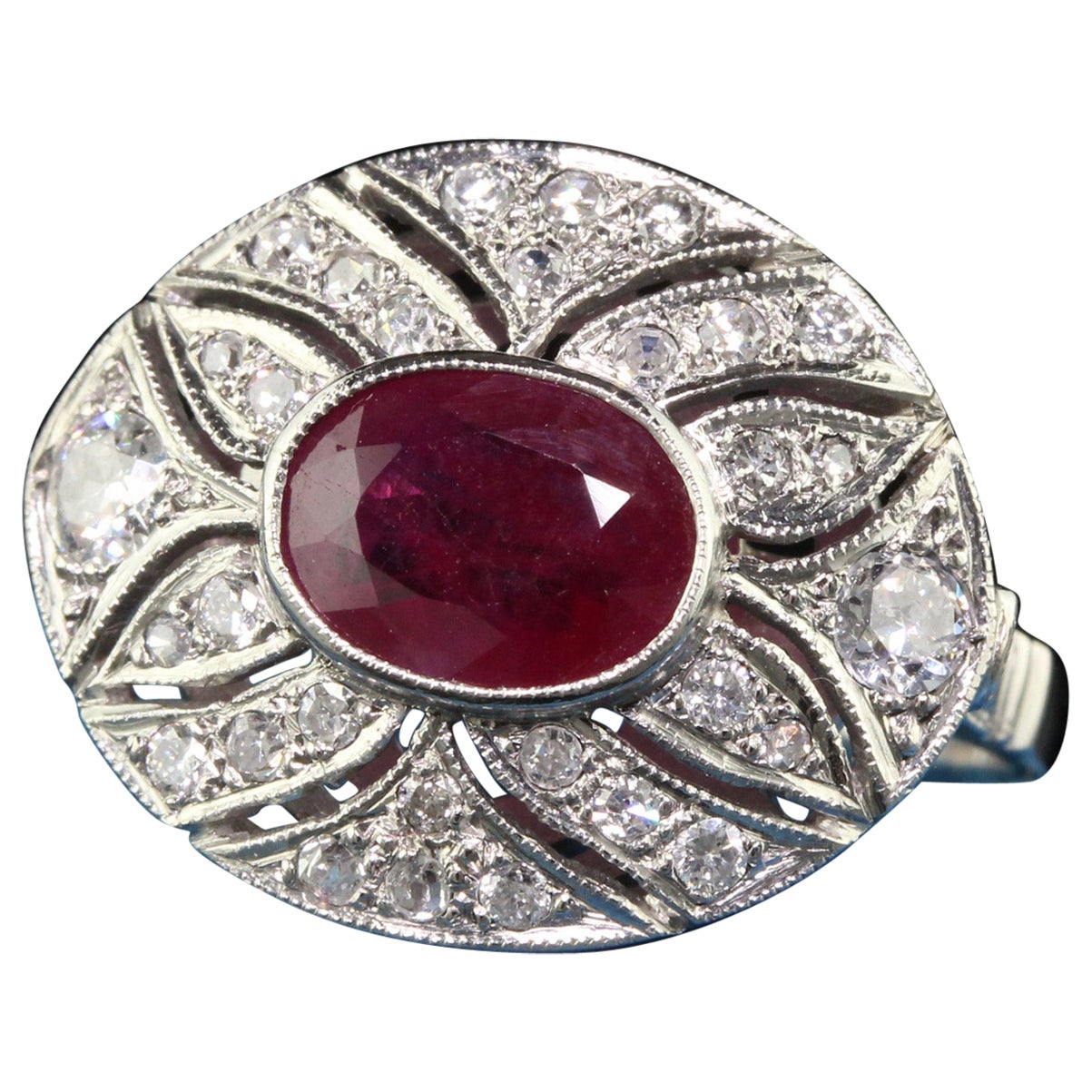 Vintage Art Deco Style Platinum Ruby and Diamond Cocktail Ring For Sale