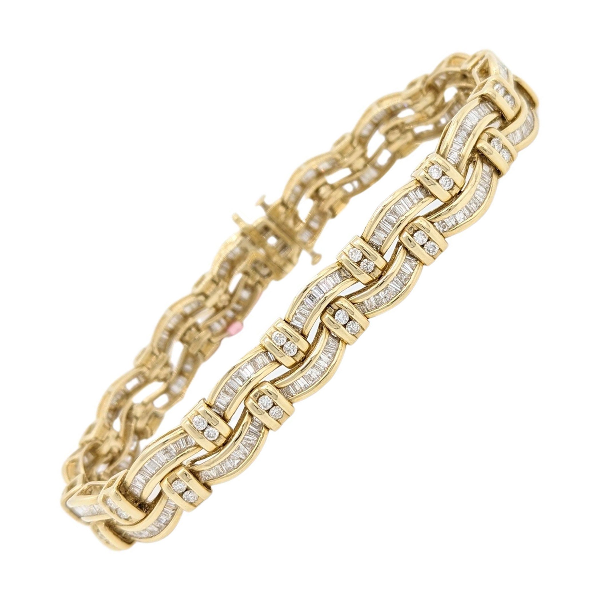 White Diamond Baguette and Round Bracelet 14K Yellow Gold For Sale