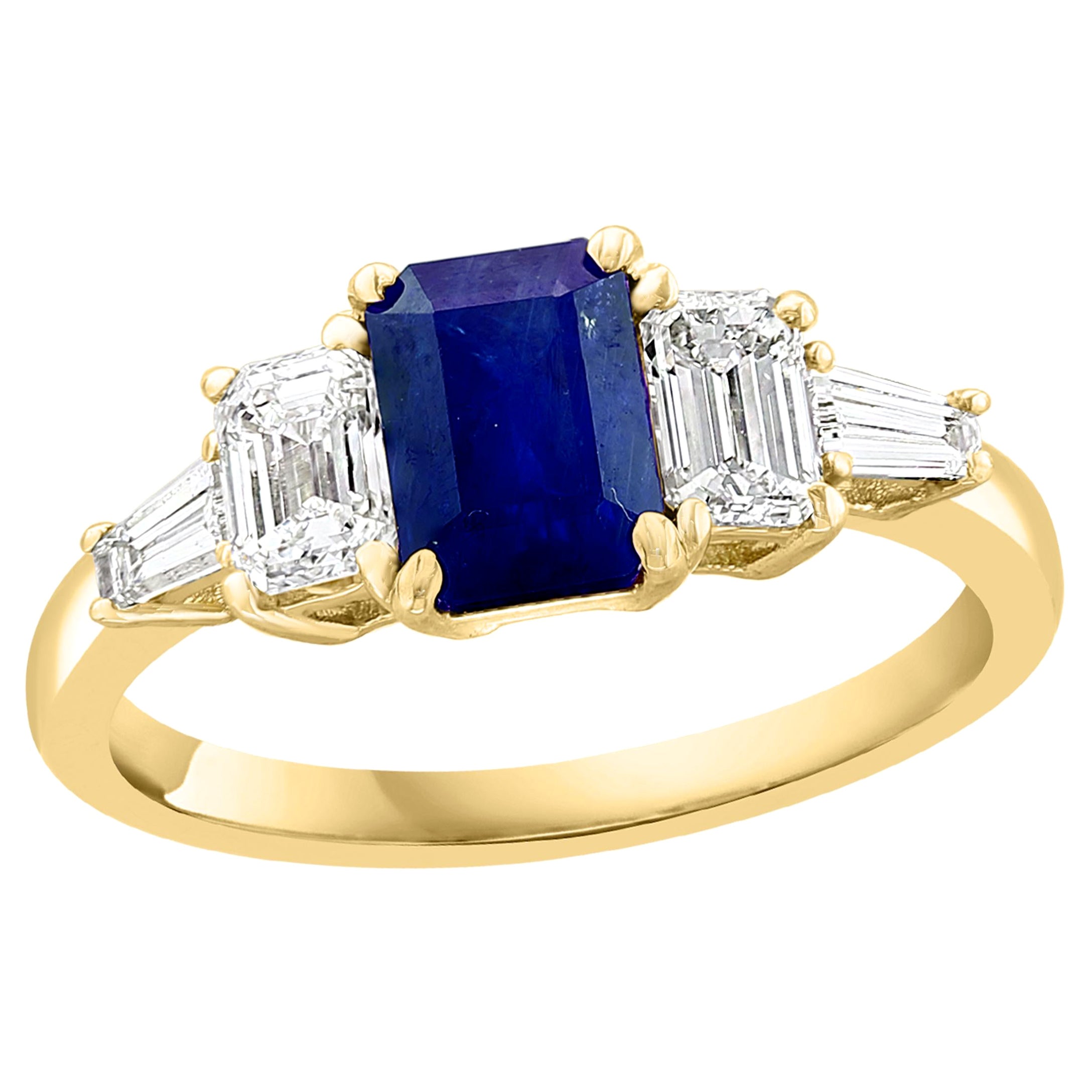 1.12 Carat Emerald Cut Blue Sapphire and Diamond 5 Stone Ring in 14K Yellow Gold For Sale