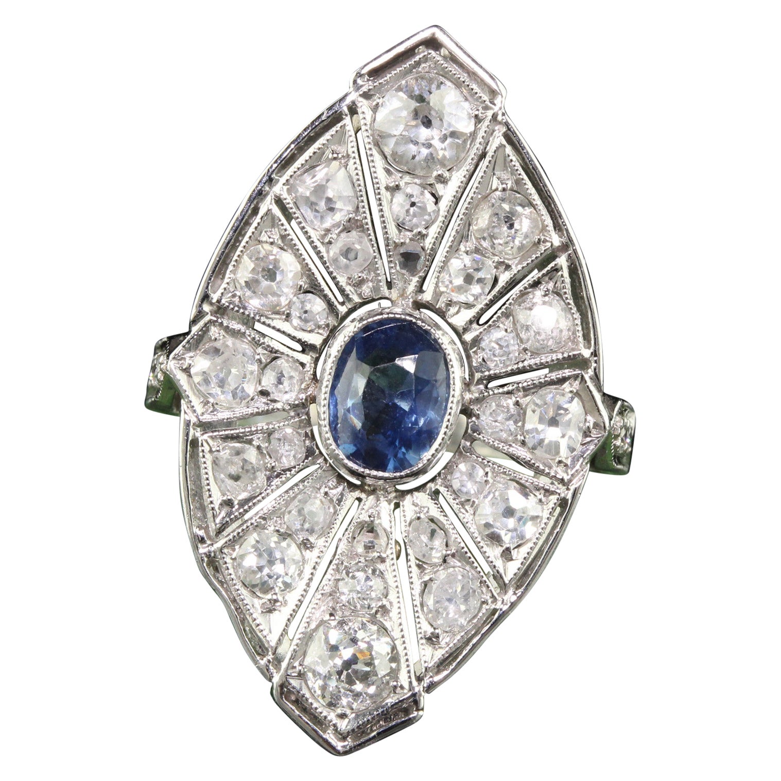 Vintage Art Deco Style Platinum Old Mine Diamond and Sapphire Cocktail Ring For Sale