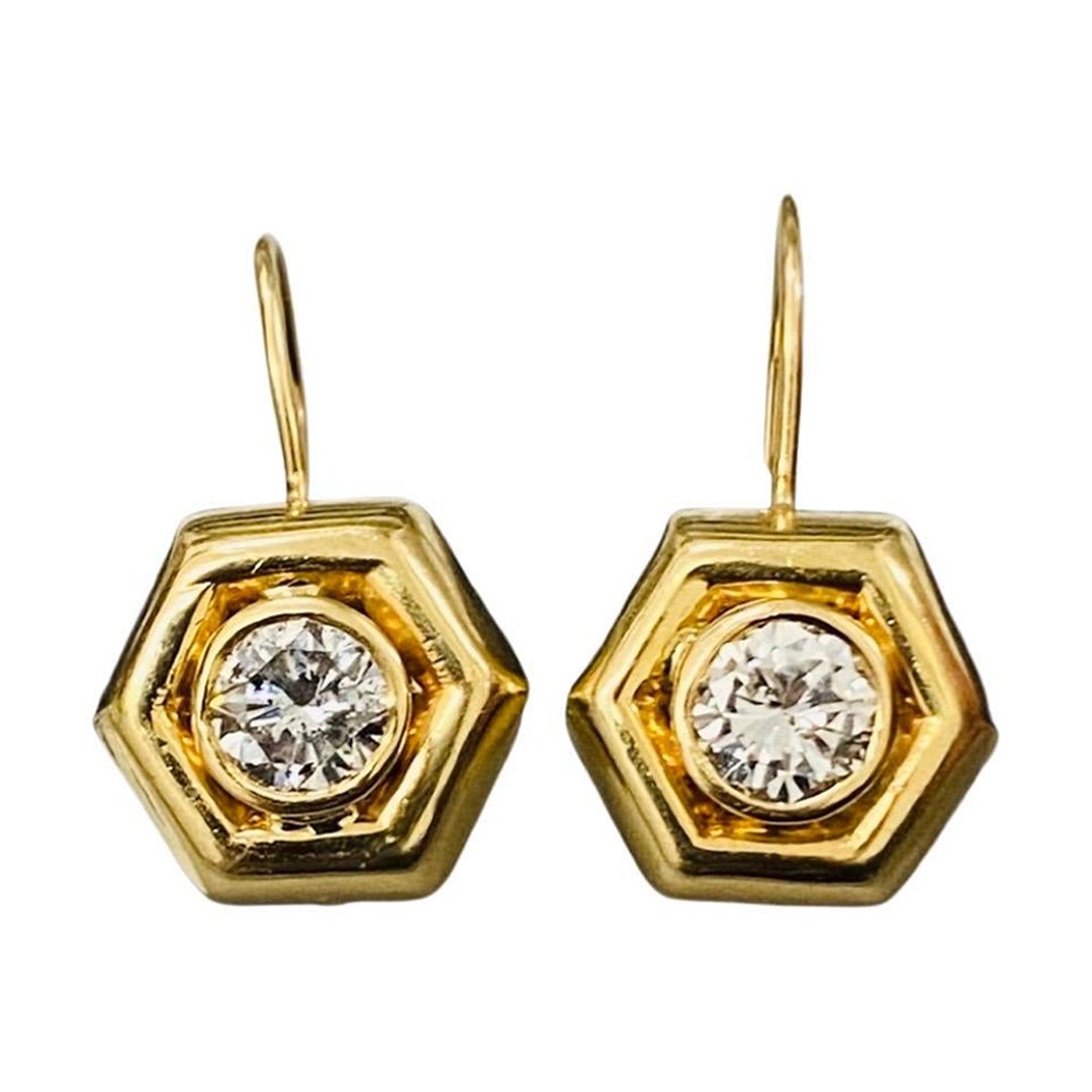 Vintage 2.00 Carat Diamonds Hexagon Lever Back Earrings 14k Gold For Sale
