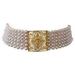 Marina J Pearl Woven Choker with 18k Yellow Gold Floral Centerpiece and Findings