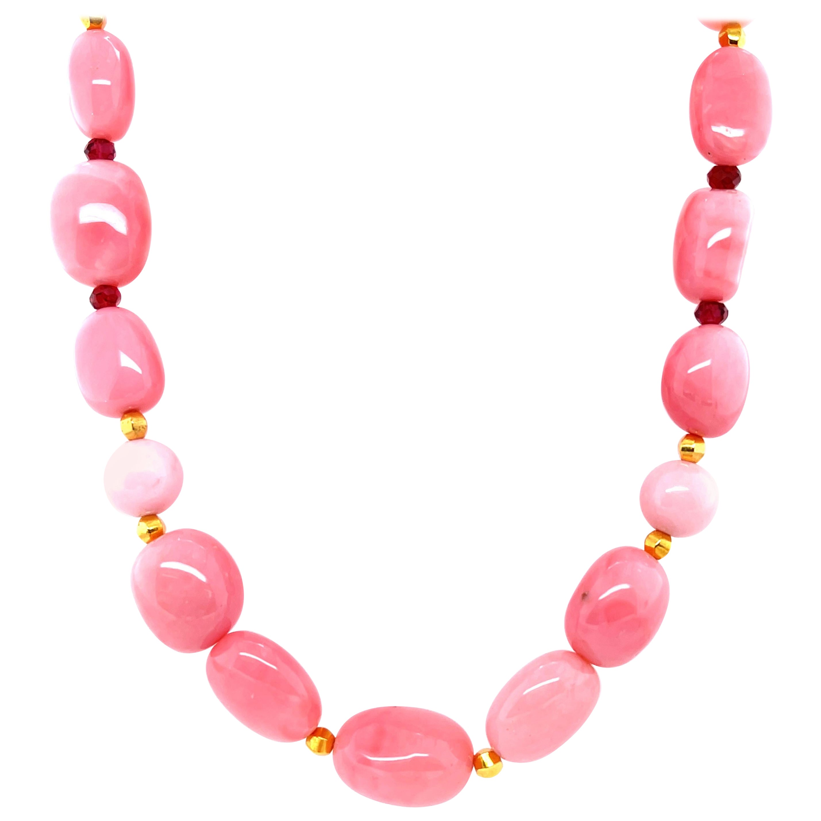 Peruvian Pink Opal, Garnet Bead and Yellow Gold Necklace, 24 Inches 