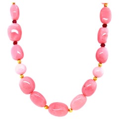 Peruvian Pink Opal, Garnet Bead and Yellow Gold Necklace, 24 Inches
