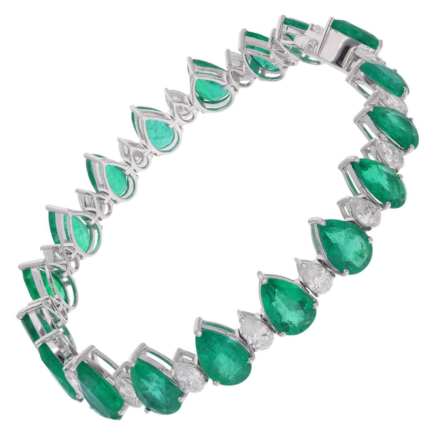 Zambian Emerald Gemstone Bracelet Pear Diamond 14 Karat White Gold Fine Jewelry For Sale