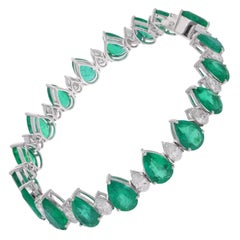 Bracelet de pierres précieuses Emeraude de Zambie Poire Diamant Or blanc 14 carats Bijoux fins