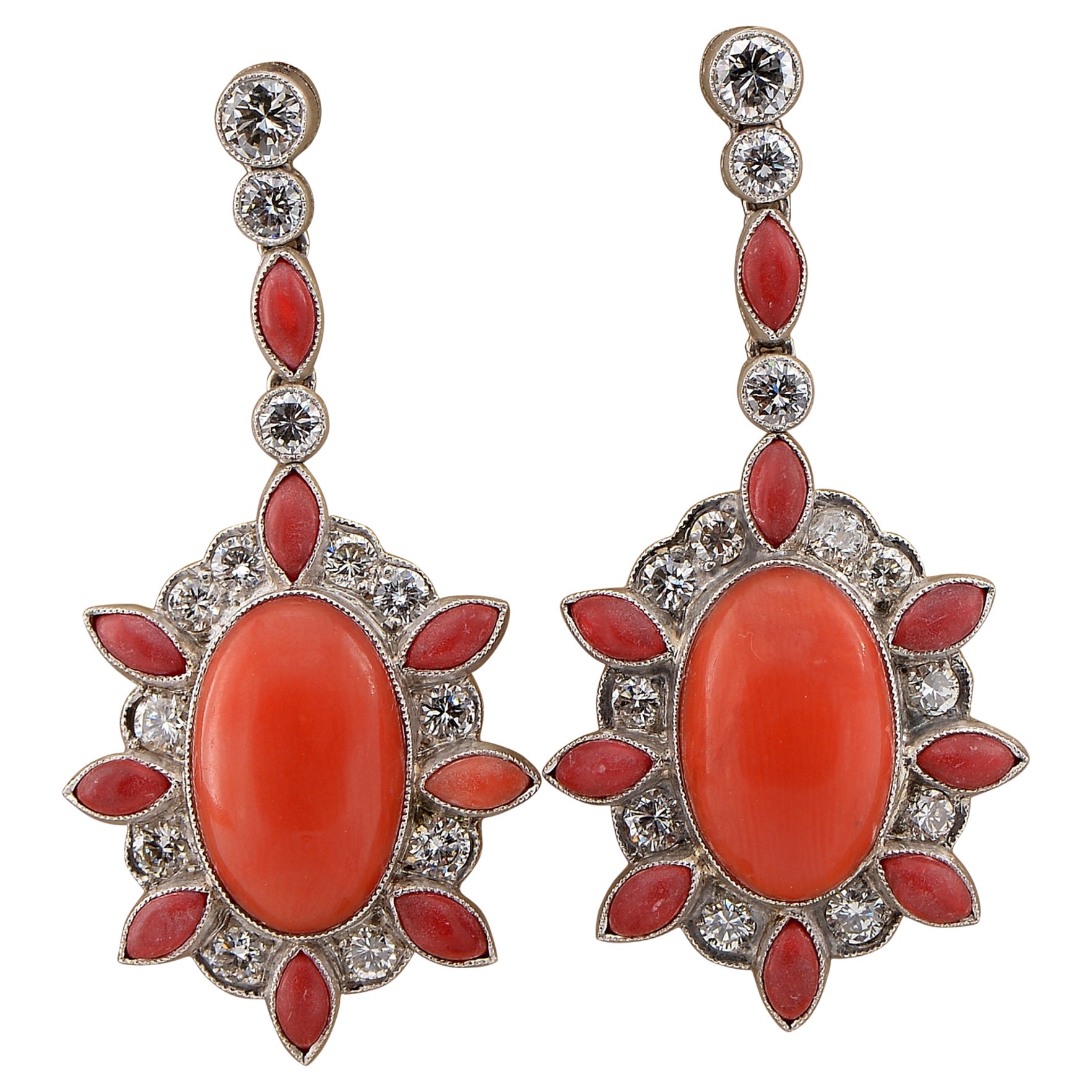 Art Deco French Natural Red Coral 2.50 Ct Diamond Platinum earrings For Sale