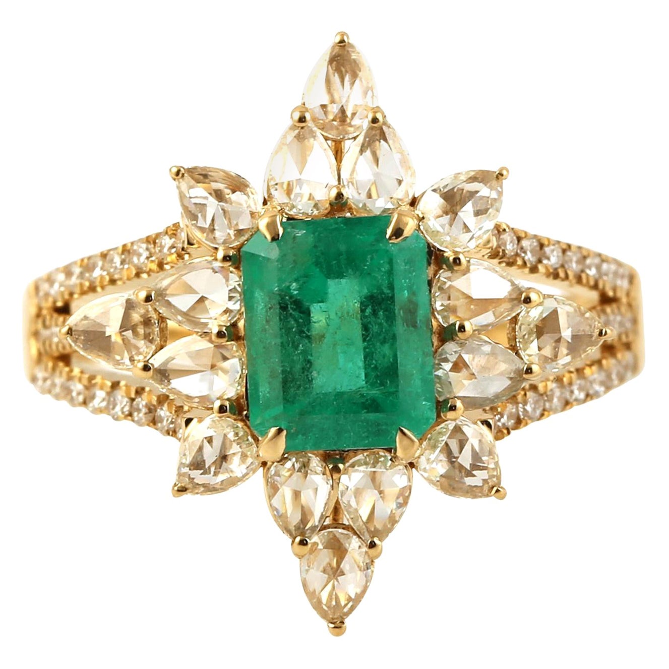 Octogen Shaped Emerald Starburst Ring With Rose Cut Diamonds In 18k Yellow Gold For Sale