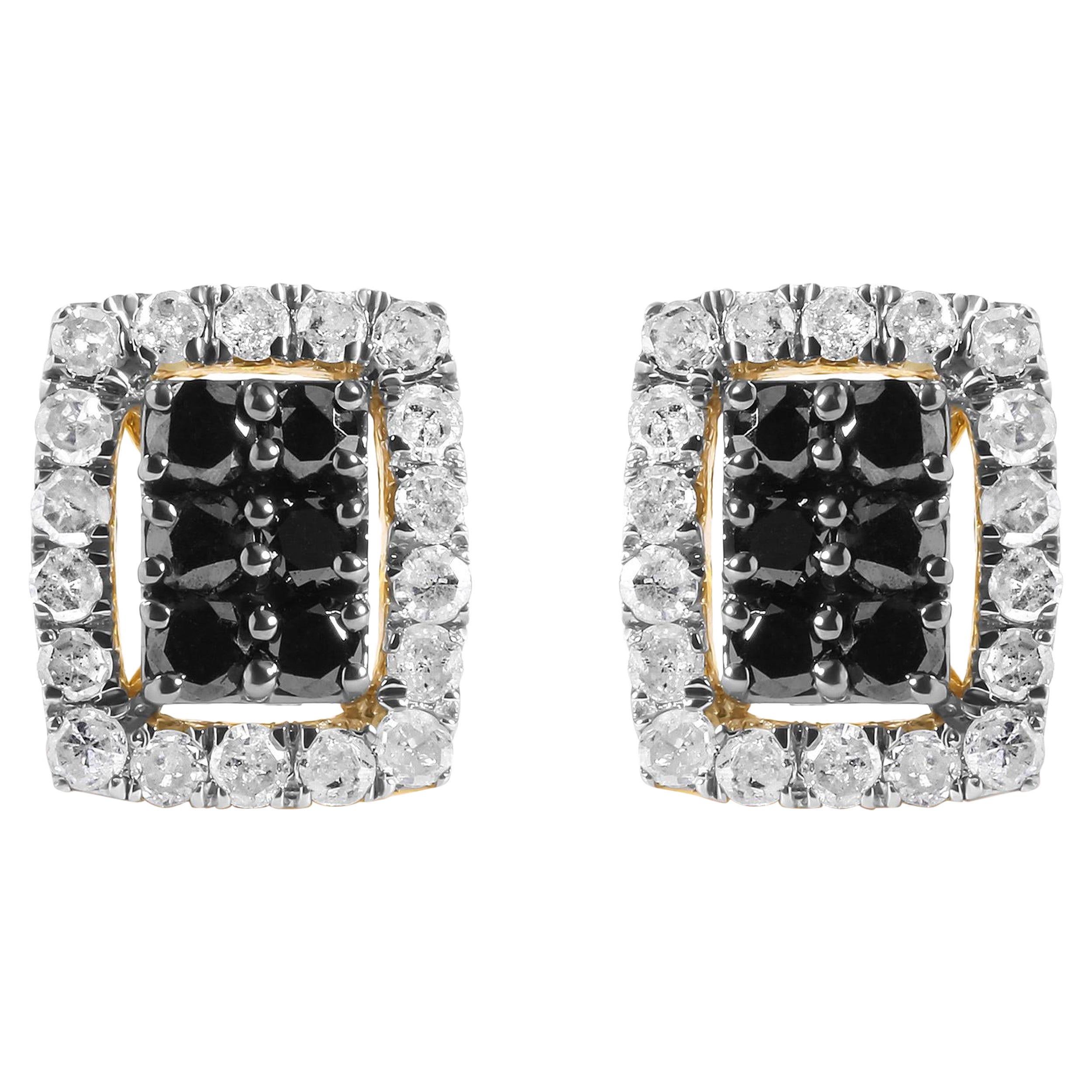 Clous d'oreilles en or jaune 10 carats avec diamants blancs et noirs de 1,0 carat en forme d'émeraude pour hommes en vente