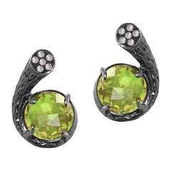 Fei Liu Briolette Peridot Diamond 18 Karat Black Gold Stud Earrings