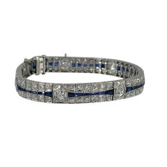 Art Deco Three Row Diamond and Sapphire Bracelet with Hexagon Motif in Platinum