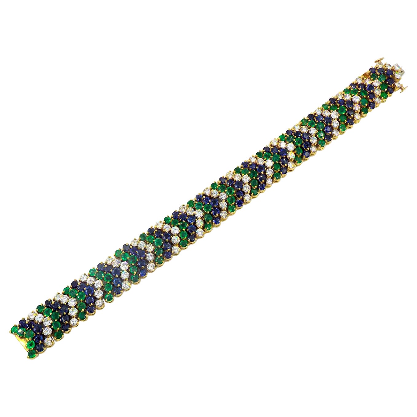 Hammerman Brothers 18K Yellow Gold Diamond Emerald Sapphire Bracelet For Sale