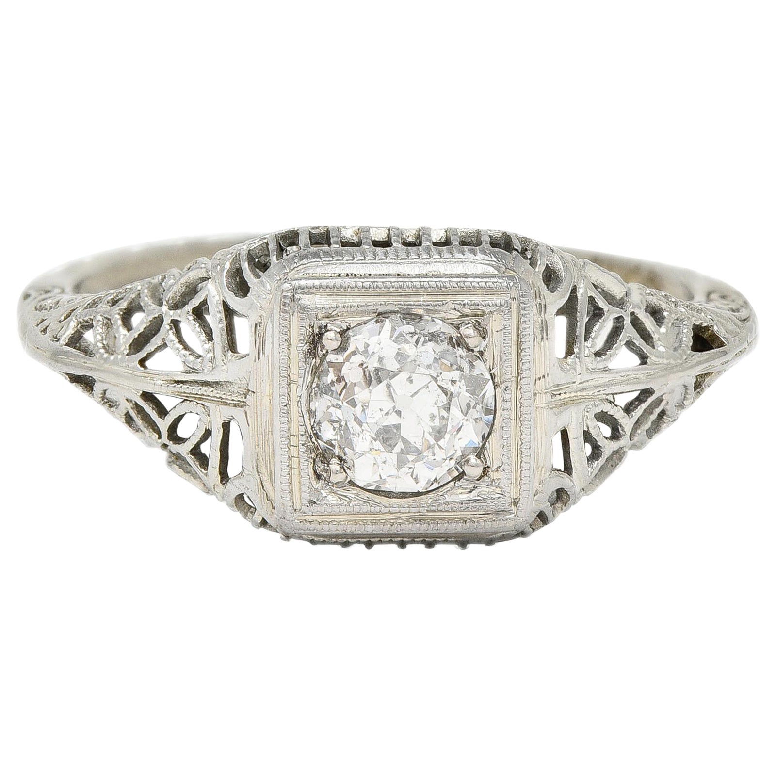 Art Deco 0.58 CTW Diamond 18 Karat White Gold Floral Vintage Engagement Ring For Sale