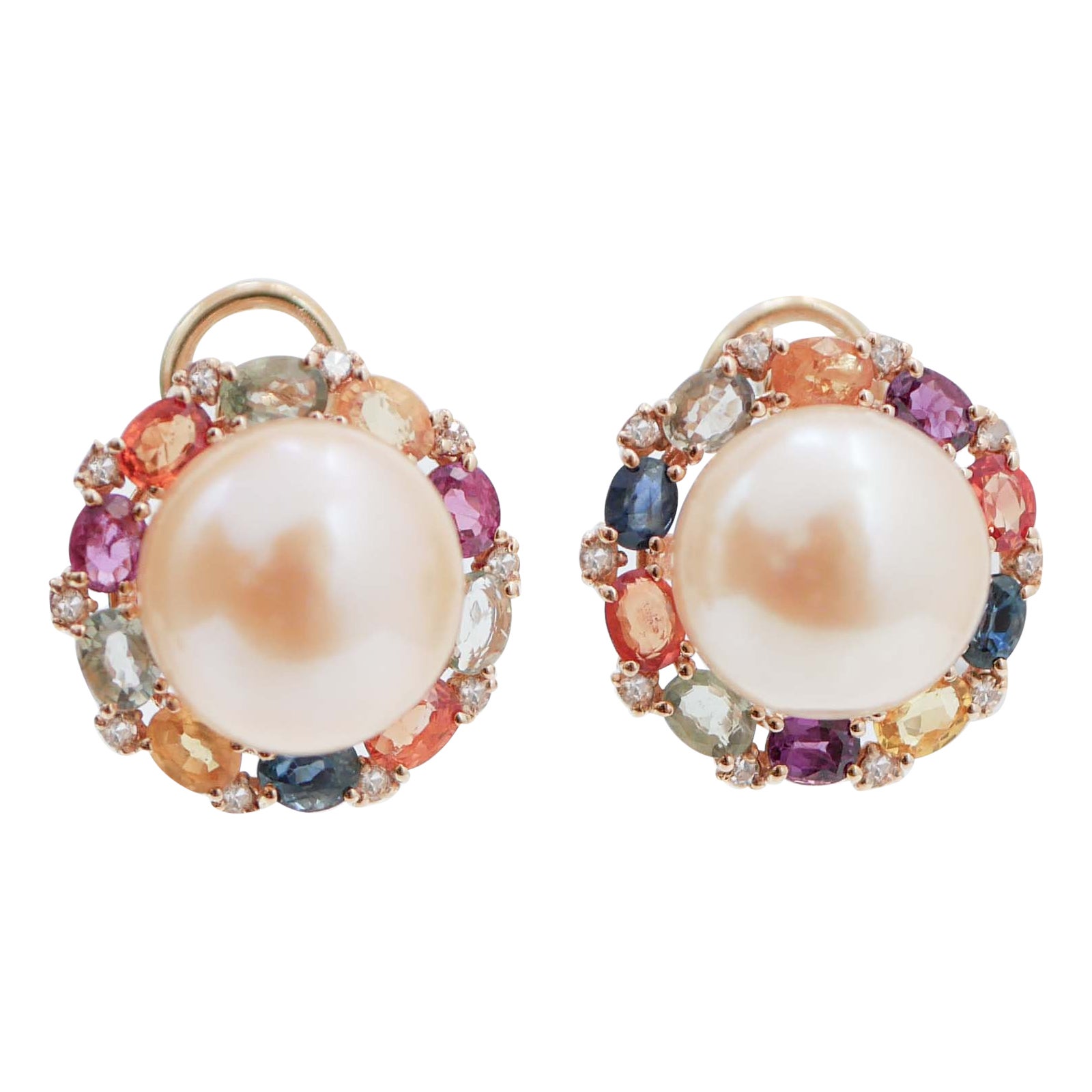 Multicolor Sapphires, Diamonds, Pearls, 14 Karat RoseGold Earrings. For Sale