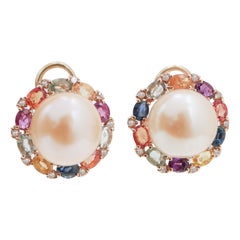 Retro Multicolor Sapphires, Diamonds, Pearls, 14 Karat RoseGold Earrings.