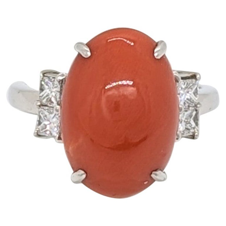 Red Coral and White Diamond Cocktail Ring in Platinum For Sale