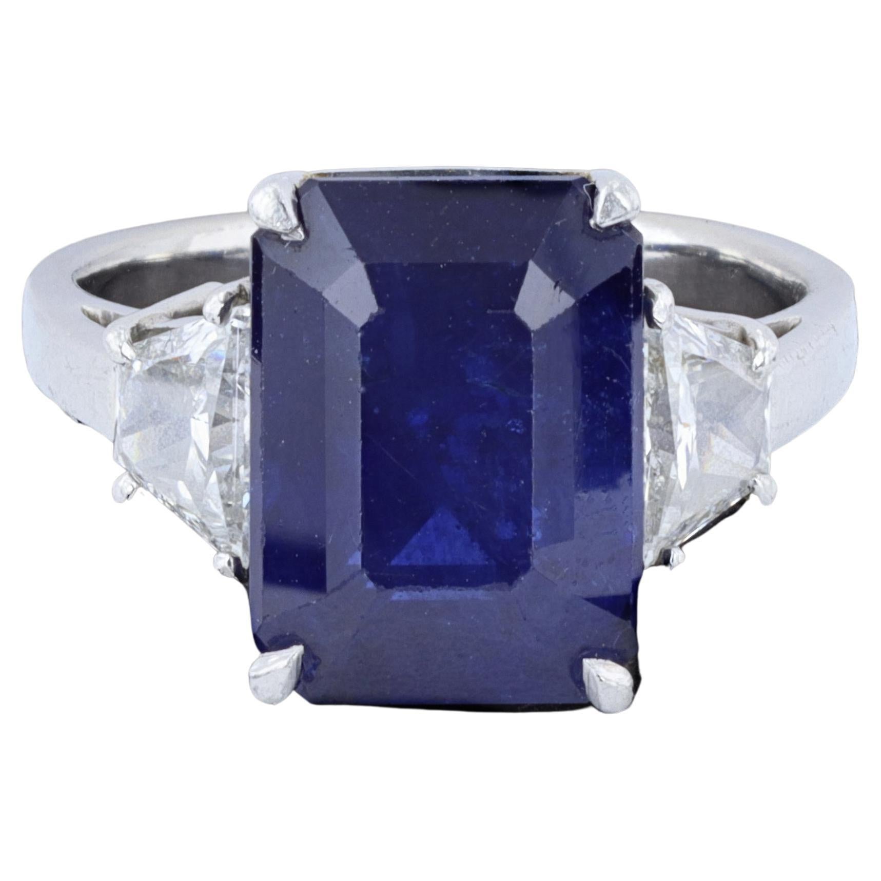 Vintage Emerald Cut Sapphire and Diamond Ring For Sale