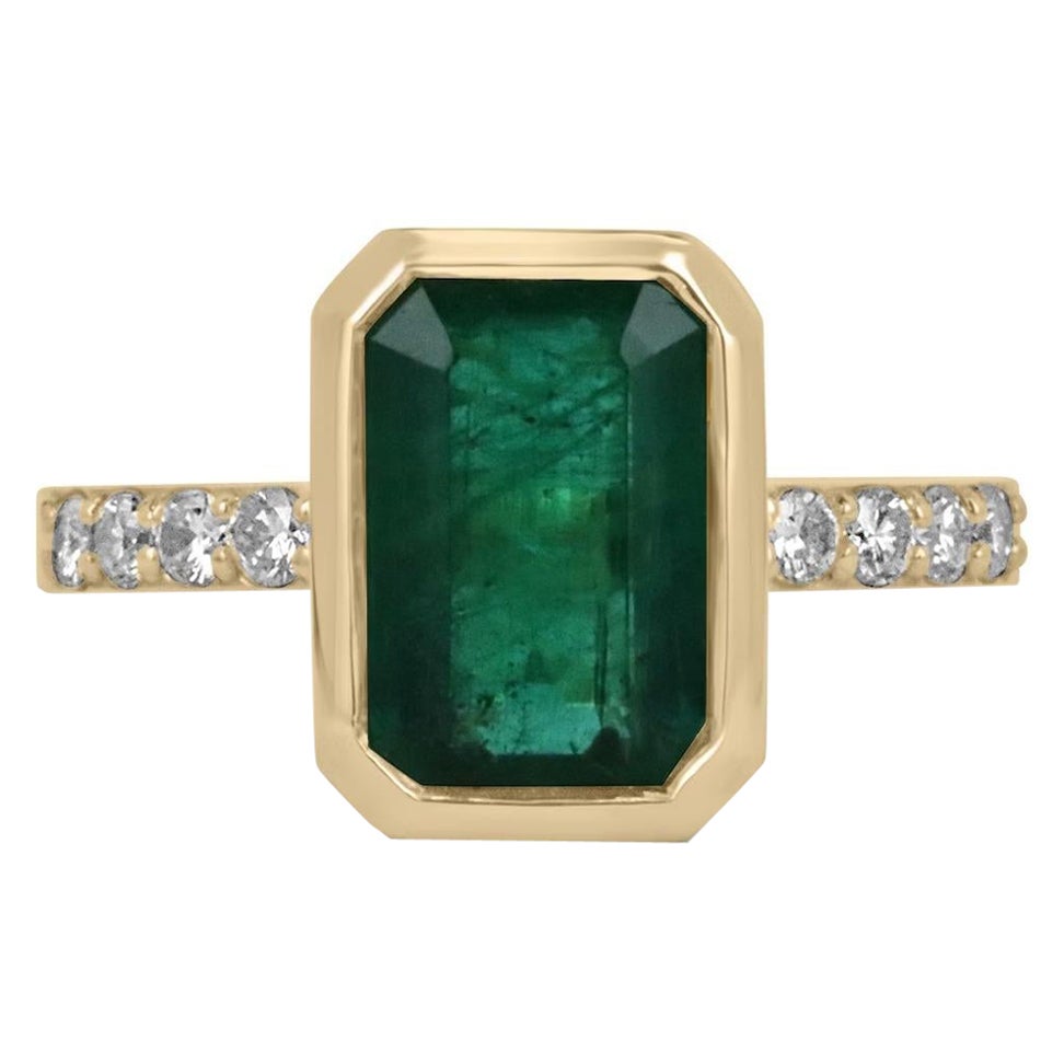 3.85tcw 18K Deep Rich Green Emerald Cut Emerald & Diamond Accent Engagement Ring For Sale