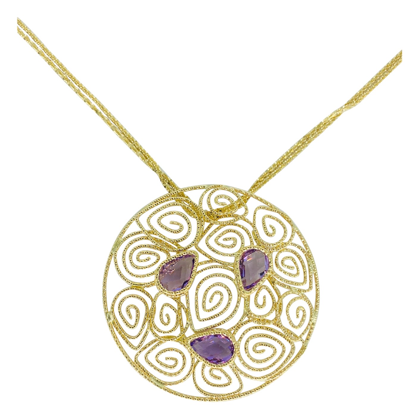 Vintage Amethyst Gemstones Swirling Abstract Designer Necklace 14k Gold For Sale