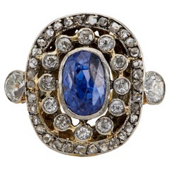 Arts and Crafts GIA Ceylon No Heat Sapphire and Diamond 18K Gold Silver Ring