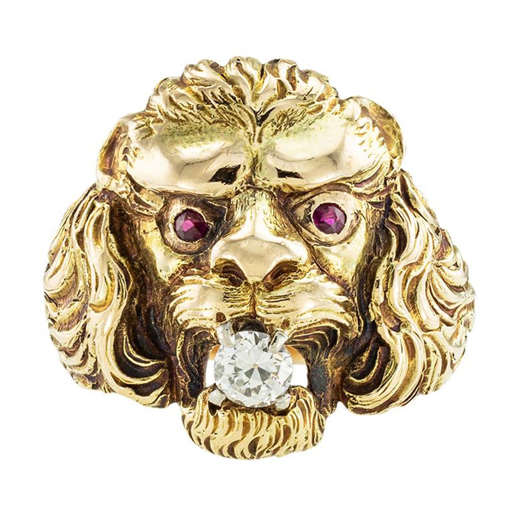 Old European Cut Diamond Ruby Lion Head Yellow Gold Ring