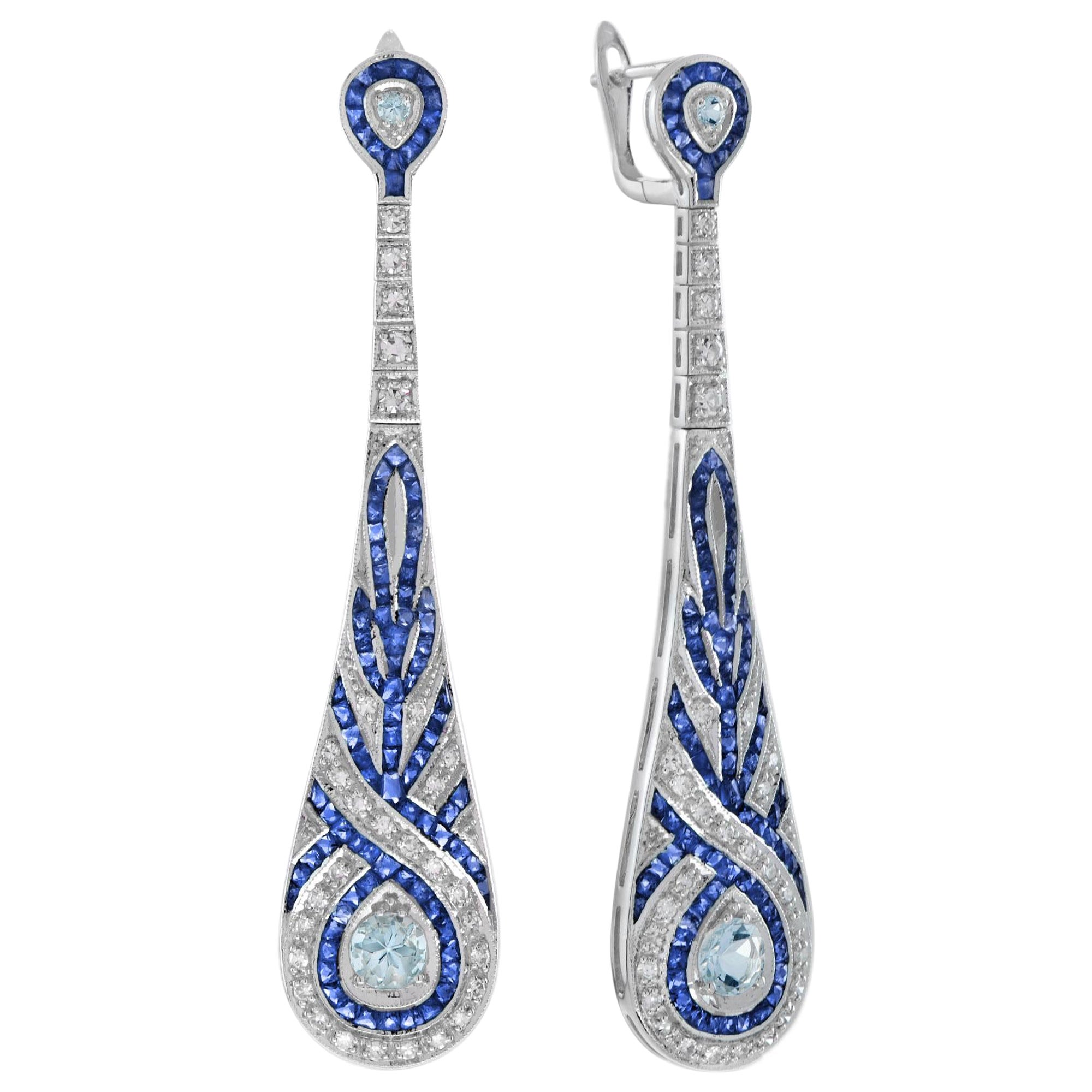 Aquamarine Sapphire Diamond Swirl Art Deco Style Dangle Earrings in White Gold For Sale