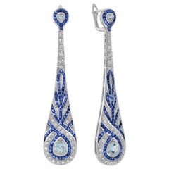 Aquamarine Sapphire Diamond Swirl Art Deco Style Dangle Earrings in White Gold