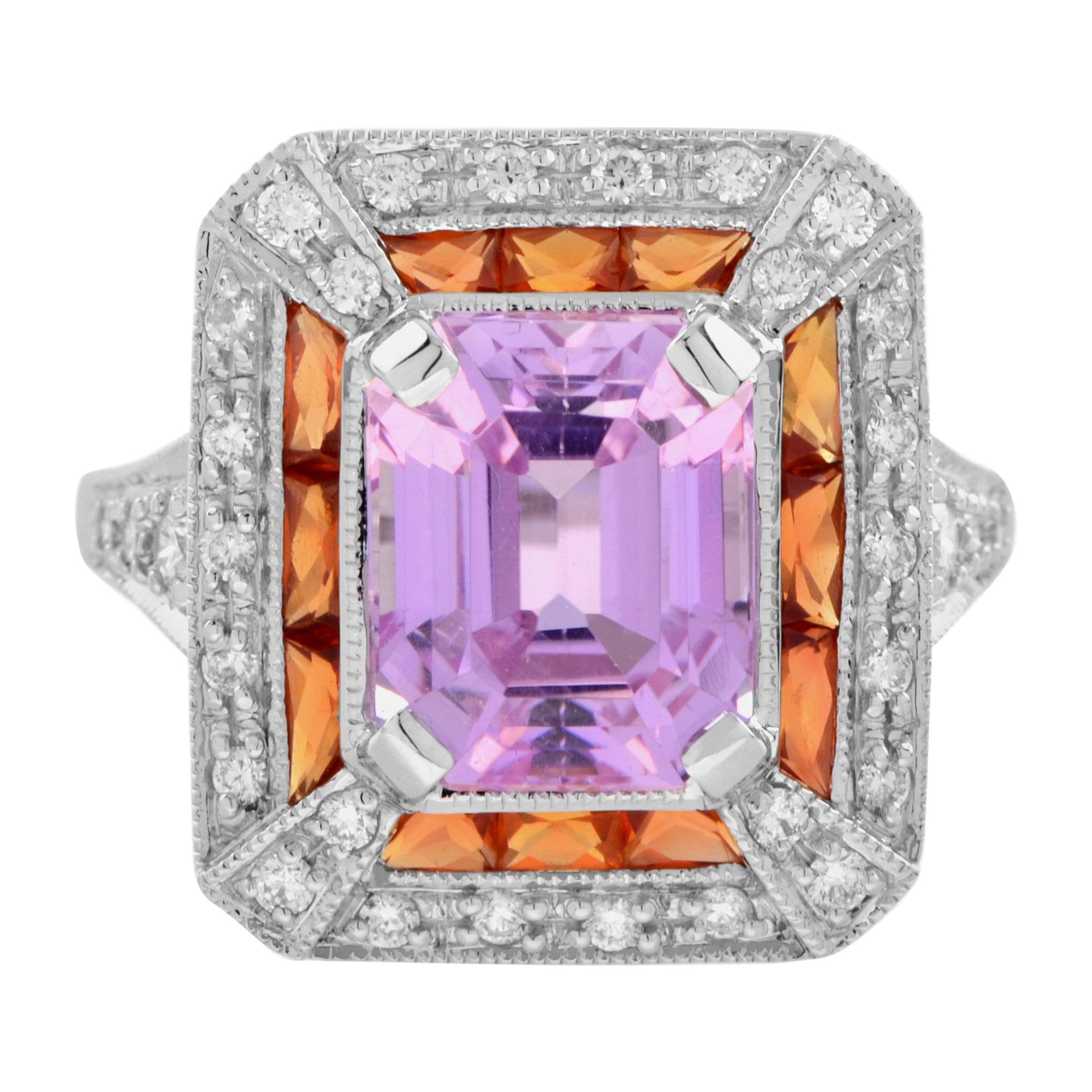 Pink Kunzite Orange Sapphire and Diamond Art Deco Style Halo Ring in White Gold For Sale