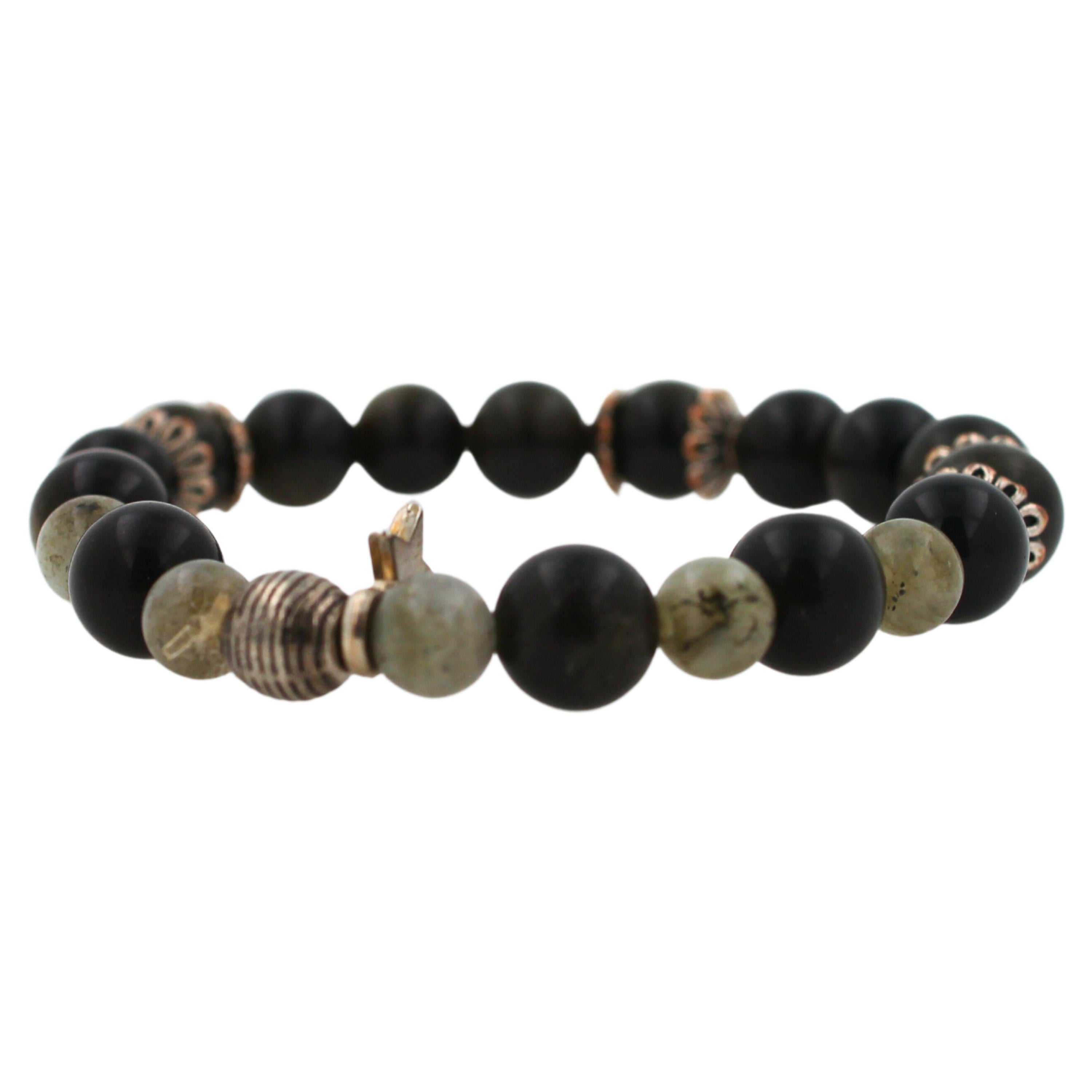 Stretchy Statement-Armband aus schwarzem Achat und runden Edelsteinen mit Chakra-Perlen