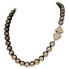 Retro Tahitian Royal Peacock 9-11mm Pearl Necklace with 18K Gold 1.25ct Diamond Clasp