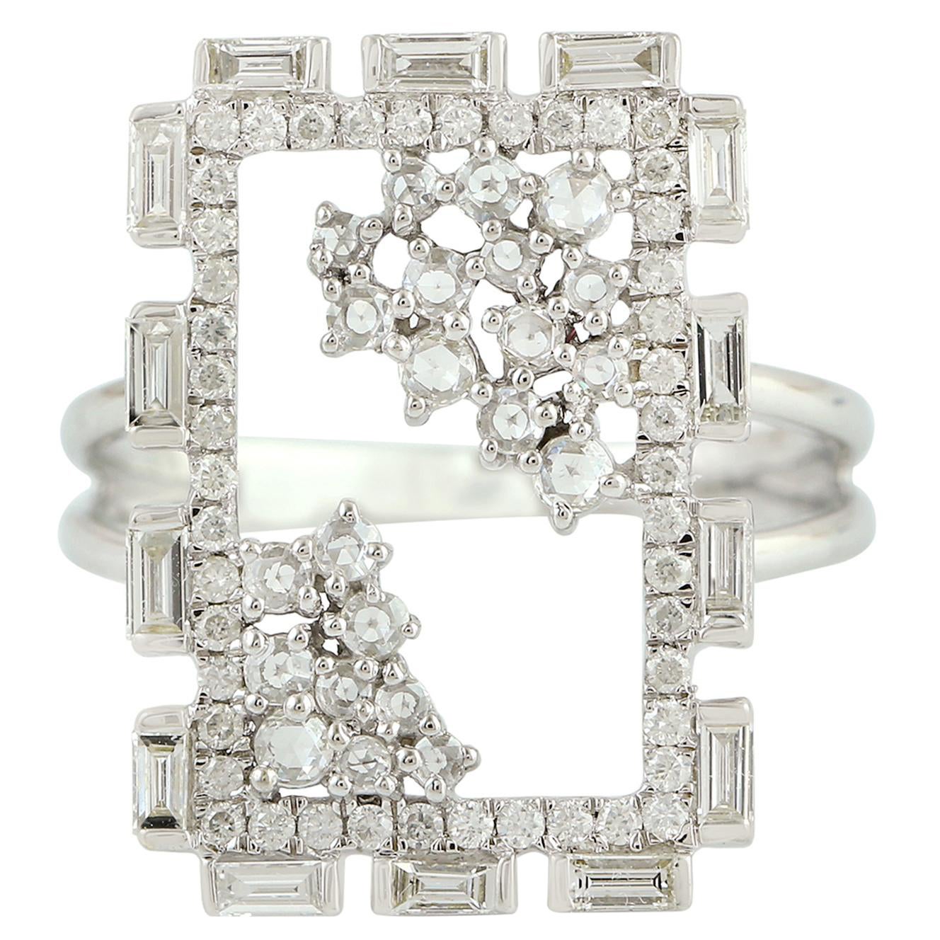 Baguette Diamond Rectangle Shaped Ring Made In 18k White Gold For Sale